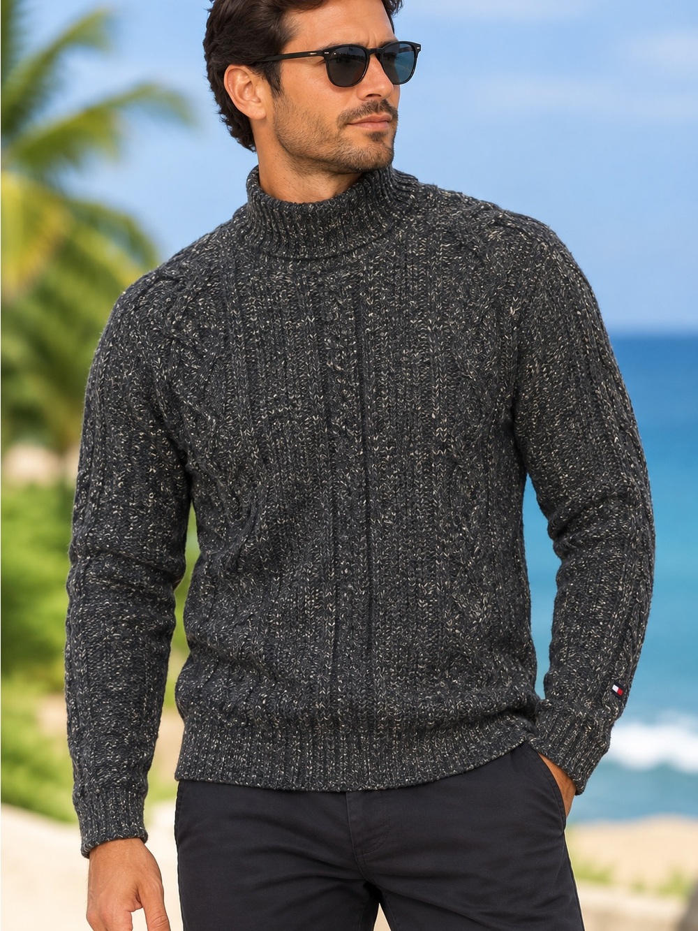Men's Tommy Hilfiger Charcoal Speckled Cable-Knit Turtleneck Sweater